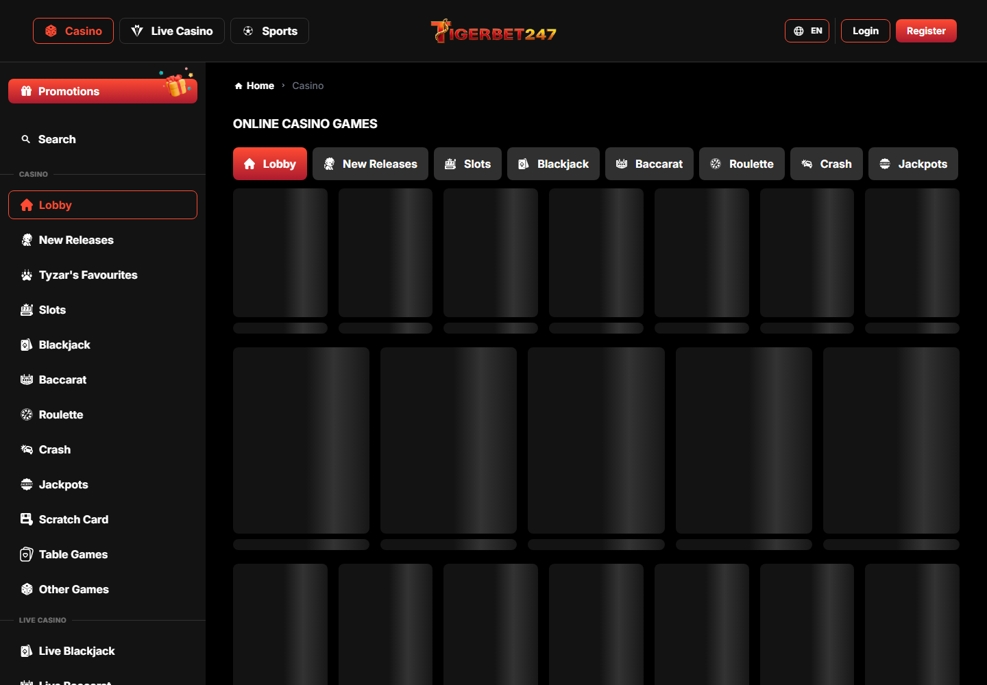 TigerBet247 casino games page showing slots and category navigation